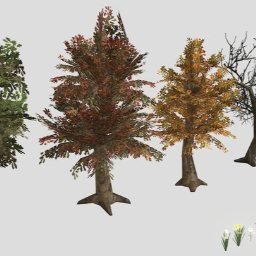 Low poly trees, flowers and grass