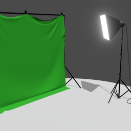 Green screen studio with a softbox