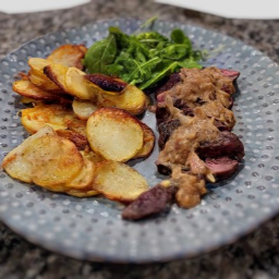 Steak, Cheesy Potatoes, Salad
